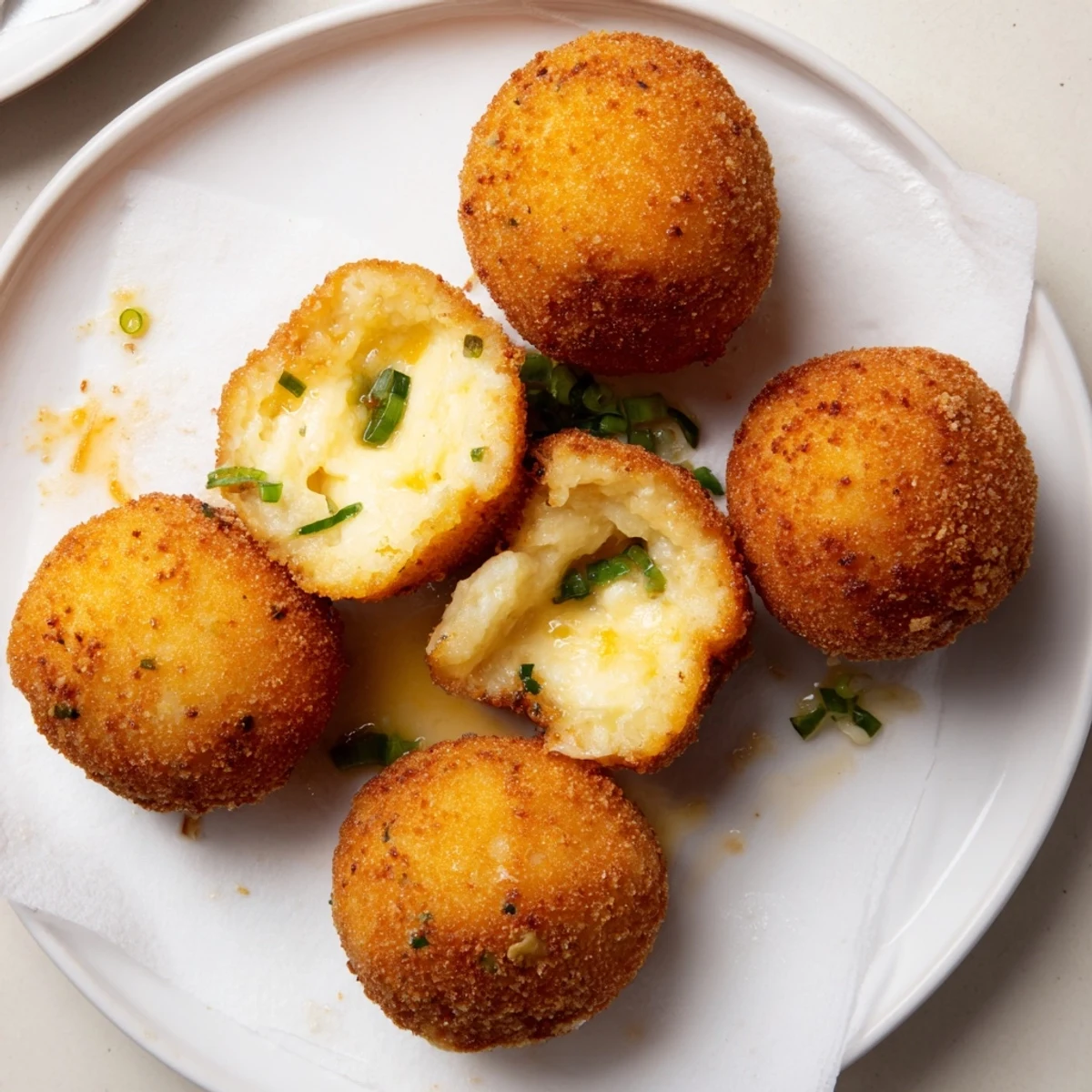 Plated Fried Mashed Potato Balls beside spicy ketchup and cooling sour cream