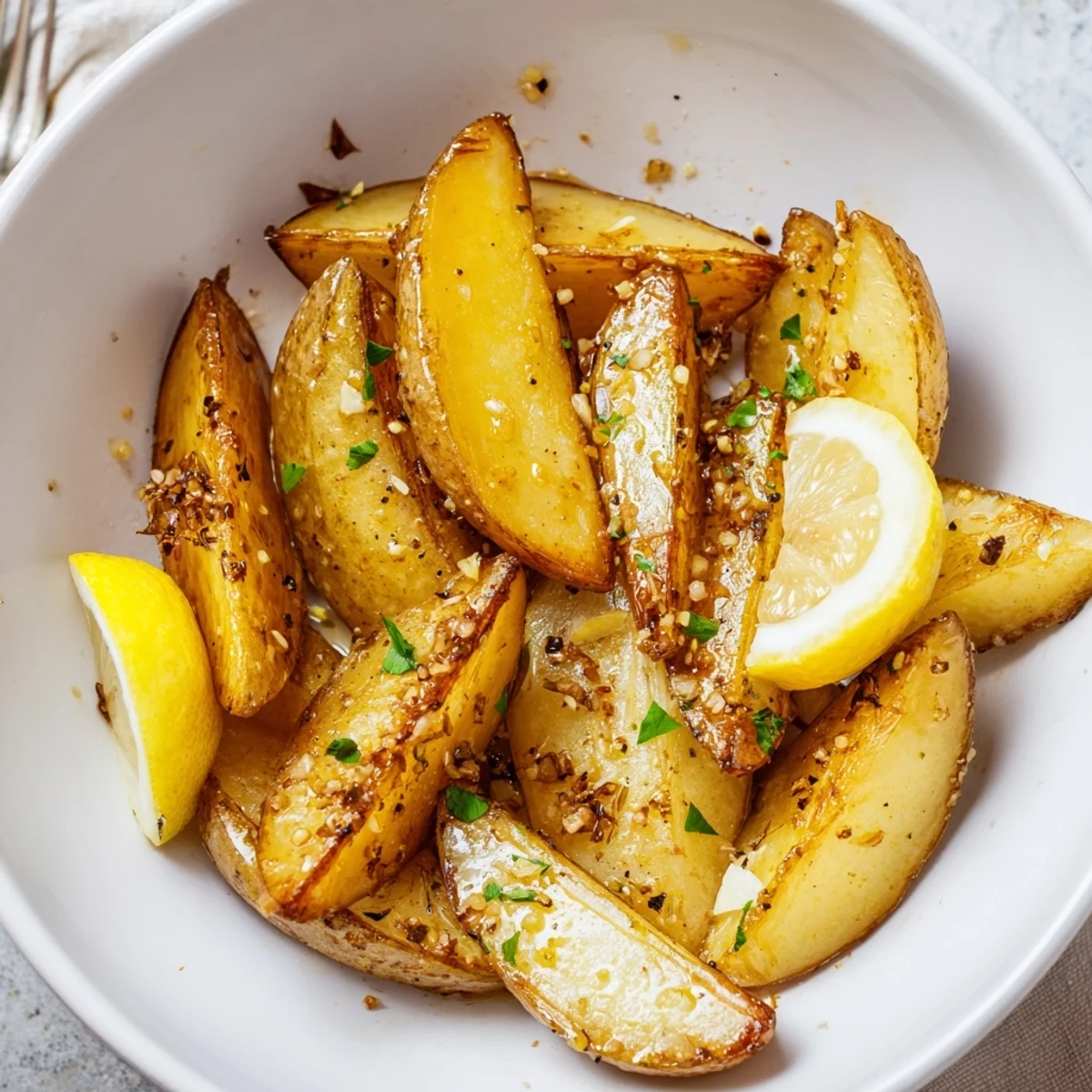 Authentic Greek Lemon Potatoes Recipe: golden wedges roasted, tangy lemony aroma, parsley garnish