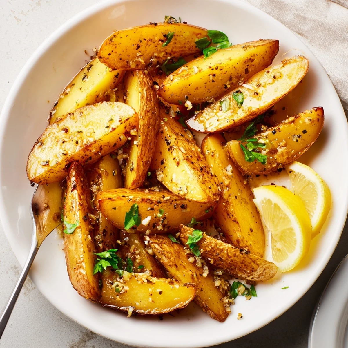 Warm Authentic Greek Lemon Potatoes Recipe served with crispy edges and bright lemon