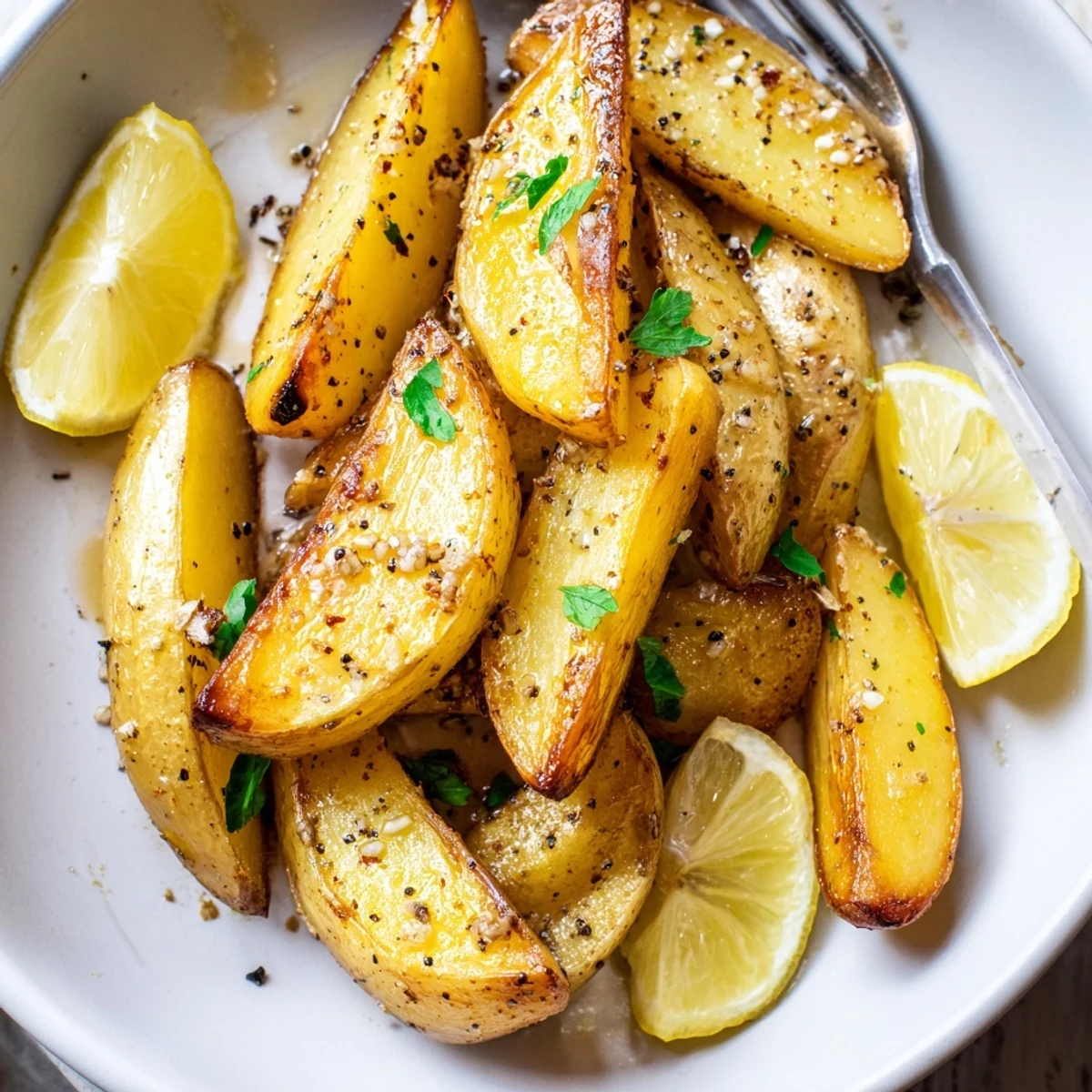 Plated Authentic Greek Lemon Potatoes Recipe beside roast chicken, fragrant garlic and oregano