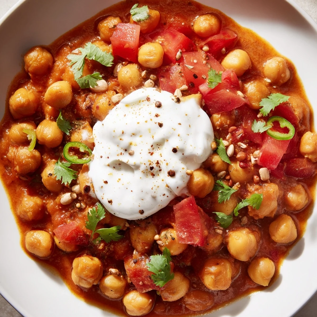 Creamy Greek Yogurt Chickpea Curry simmering in skillet, garnished with cilantro.