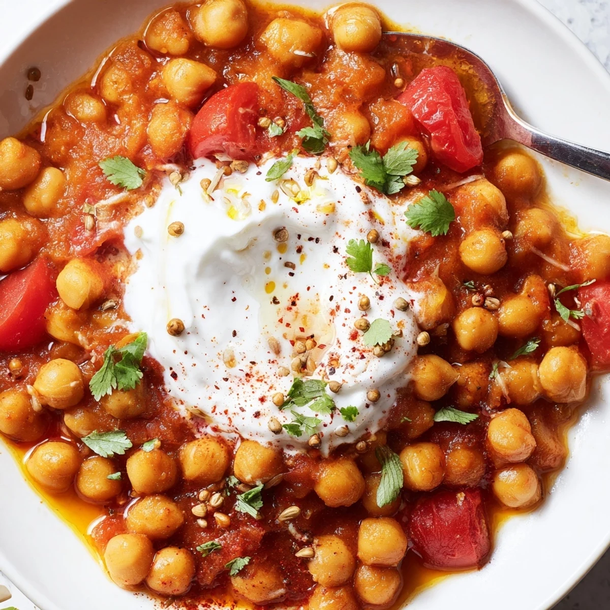 Tangy Greek Yogurt Chickpea Curry over basmati rice, fragrant warm spices.