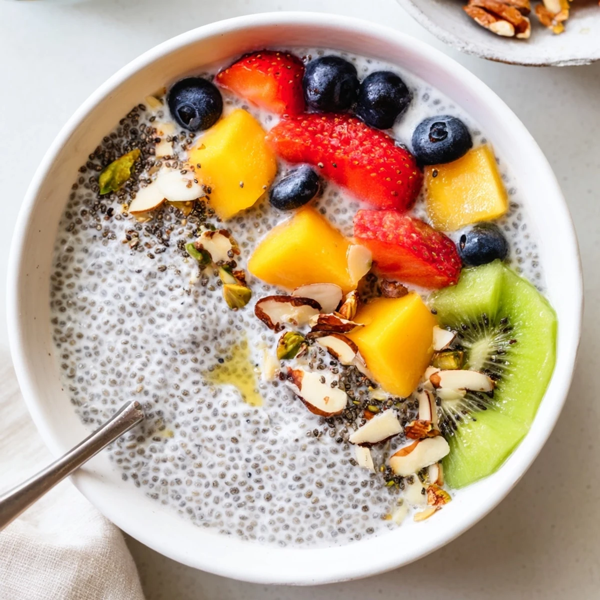 Coconut Chia Pudding topped with juicy mango and toasted coconut flakes