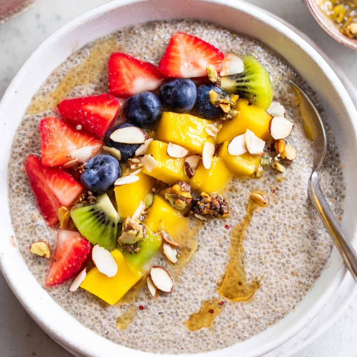 Chilled Coconut Chia Pudding spooned into bowls with crunchy almond topping