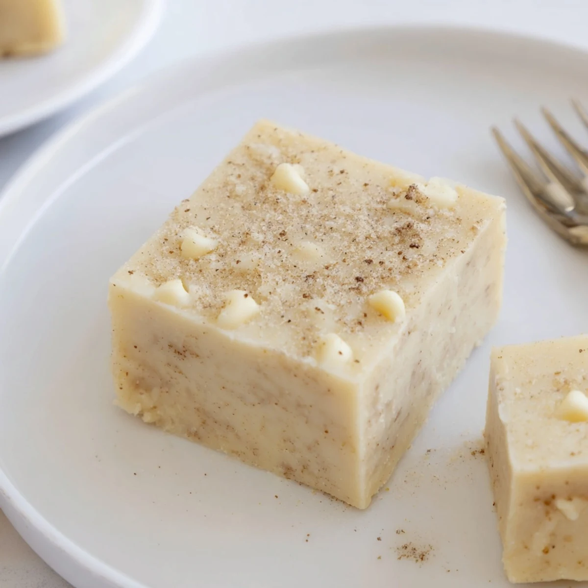 Creamy Eggnog Fudge squares dusted with nutmeg, cooling on parchment.