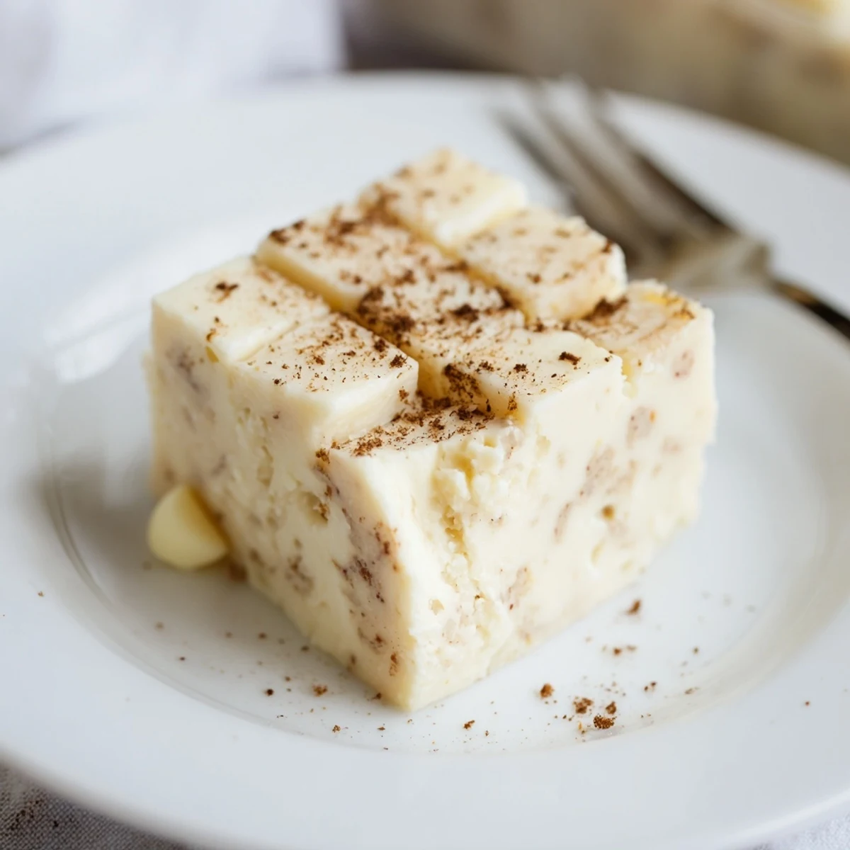 Rich Eggnog Fudge cut into bite-sized pieces, perfect for holiday plates.