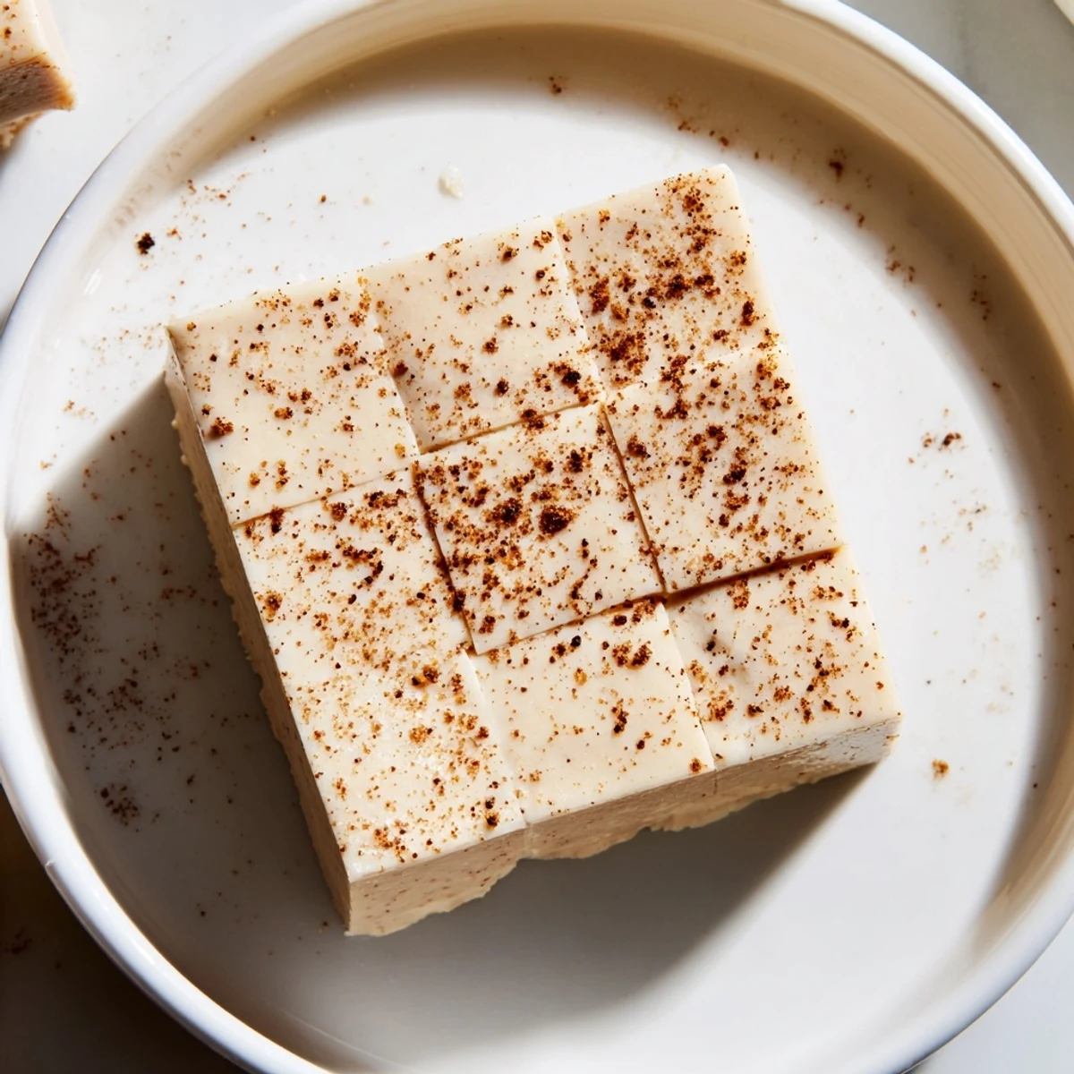 Velvety Eggnog Fudge glistening under grated nutmeg, ready to refrigerate.