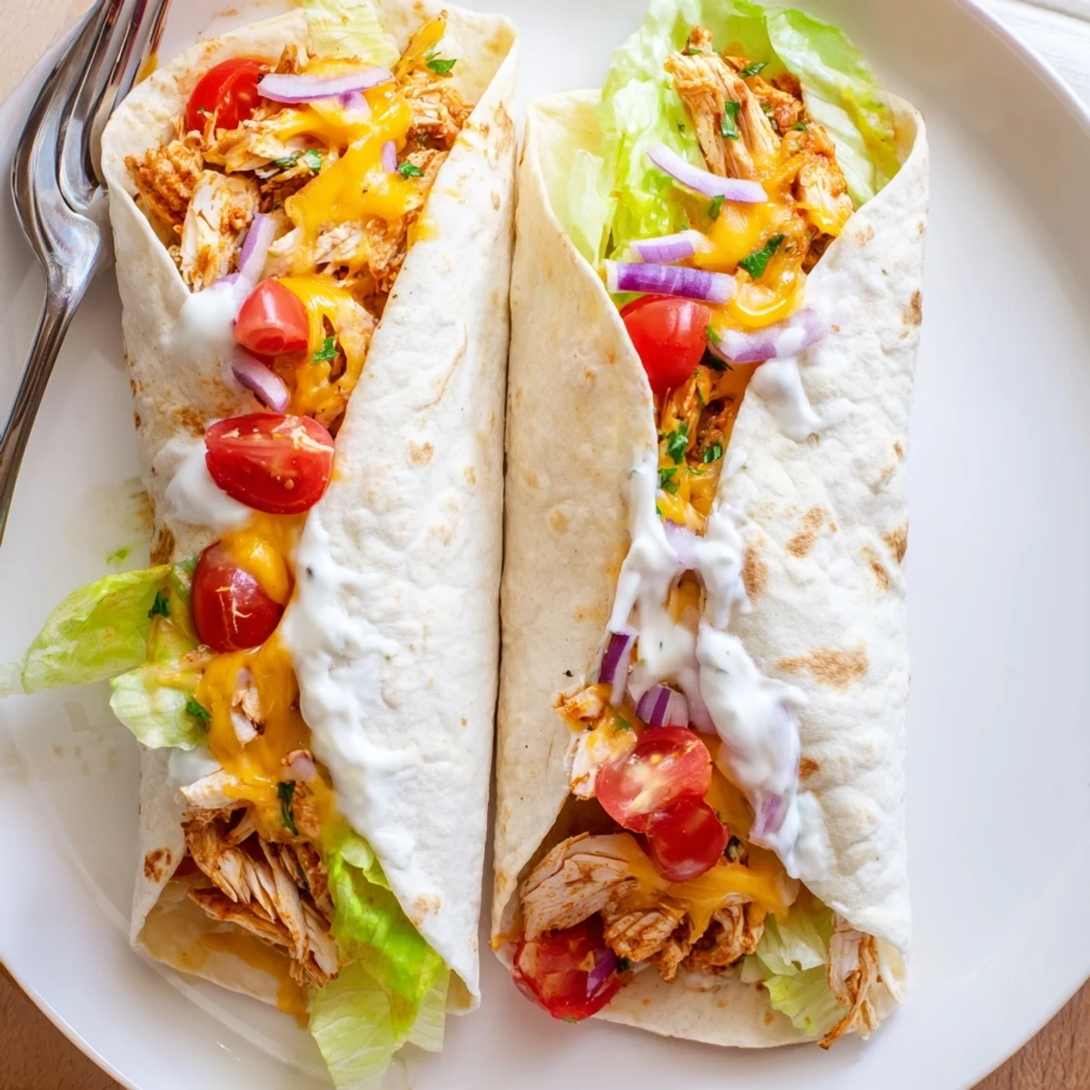 Warm Cheesy Garlic Chicken Wraps sliced, gooey cheddar melting with crisp lettuce