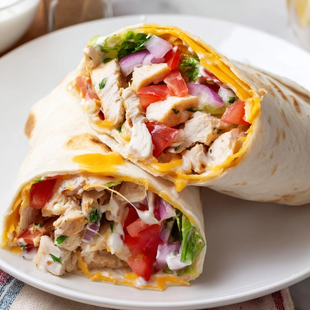 Family-friendly Cheesy Garlic Chicken Wraps cut in half, juicy chicken and tomato