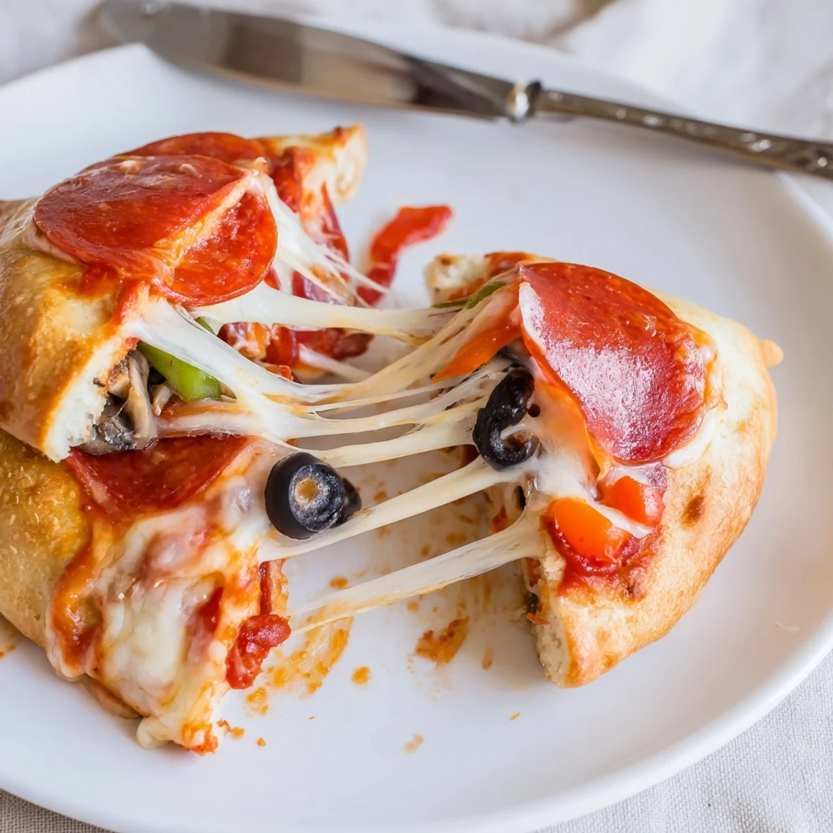 Campfire charred Pie Iron Pizza Pockets sliced and steaming beside green salad