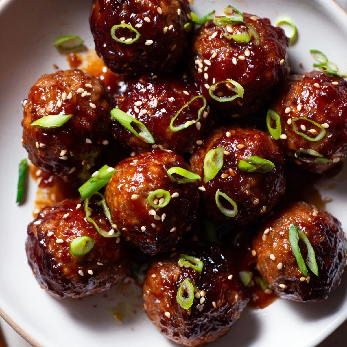 Firecracker Meatballs glazed in sticky spicy-sweet sauce, sprinkled with sesame.  