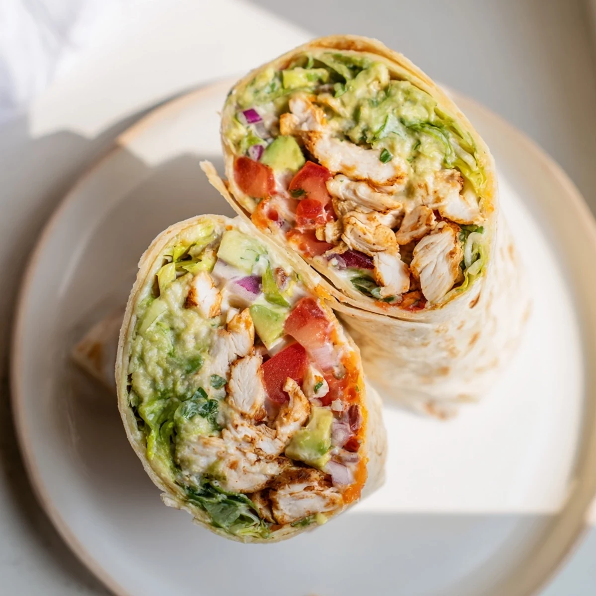 Toasty Chicken Avocado Ranch Burritos, sliced to show creamy avocado and melty cheese