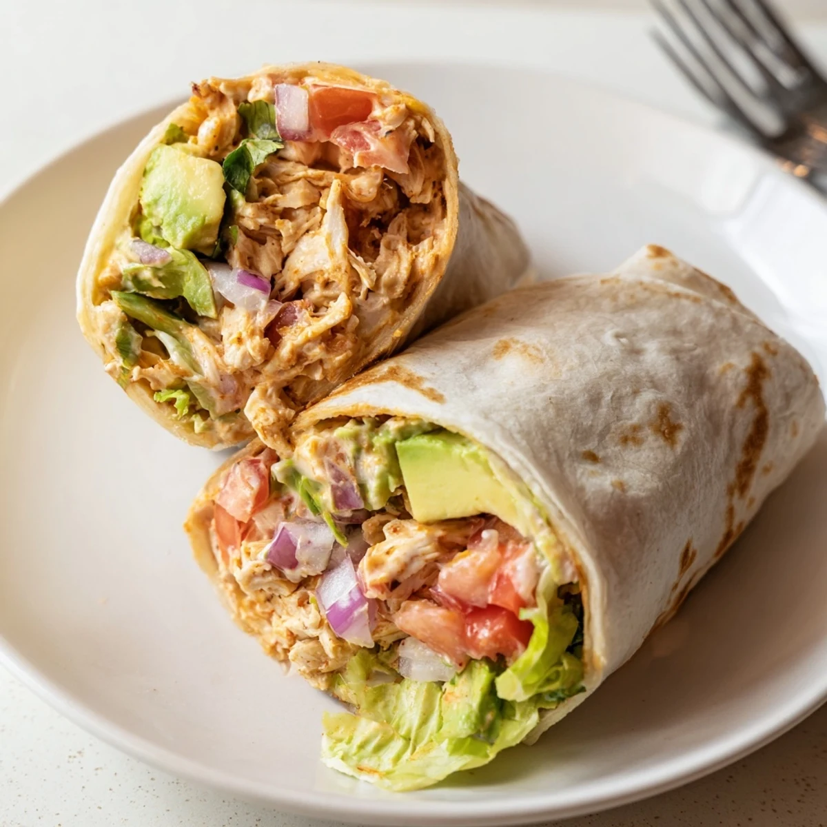 Warm Chicken Avocado Ranch Burritos tucked in tortilla, crisp lettuce and tangy ranch