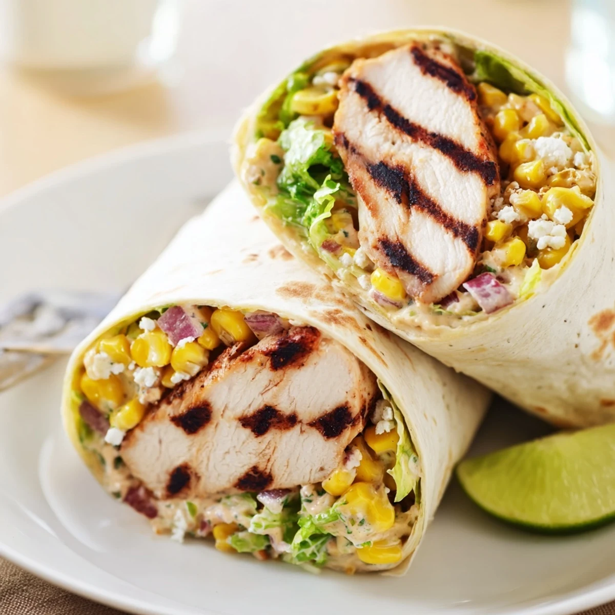 Quick Mexican Street Corn Chicken Wraps bursting with charred corn, lime wedges