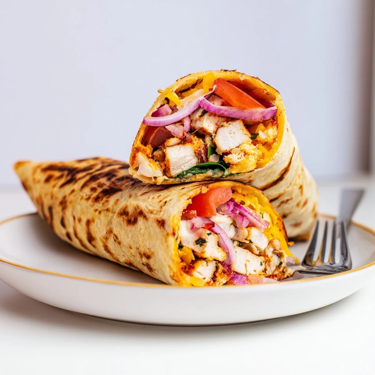 Cozy Cheesy Garlic Chicken Wraps sliced in halves, gooey cheese and steam.