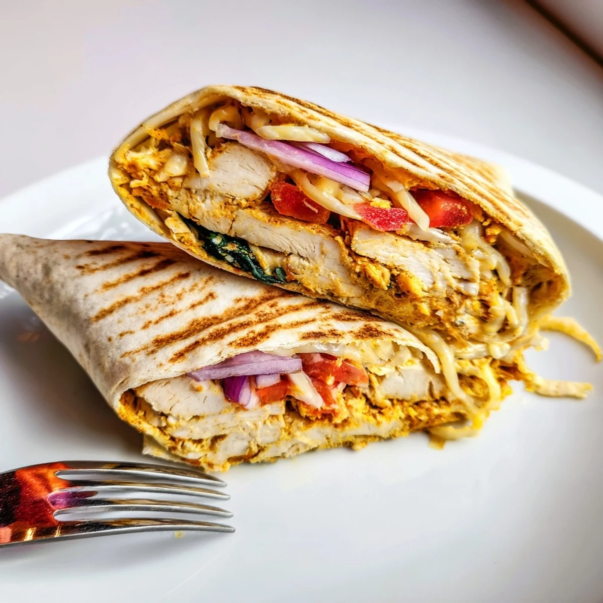 Golden-skinned, melting cheeses surround the Cozy Cheesy Garlic Chicken Wraps on plate.