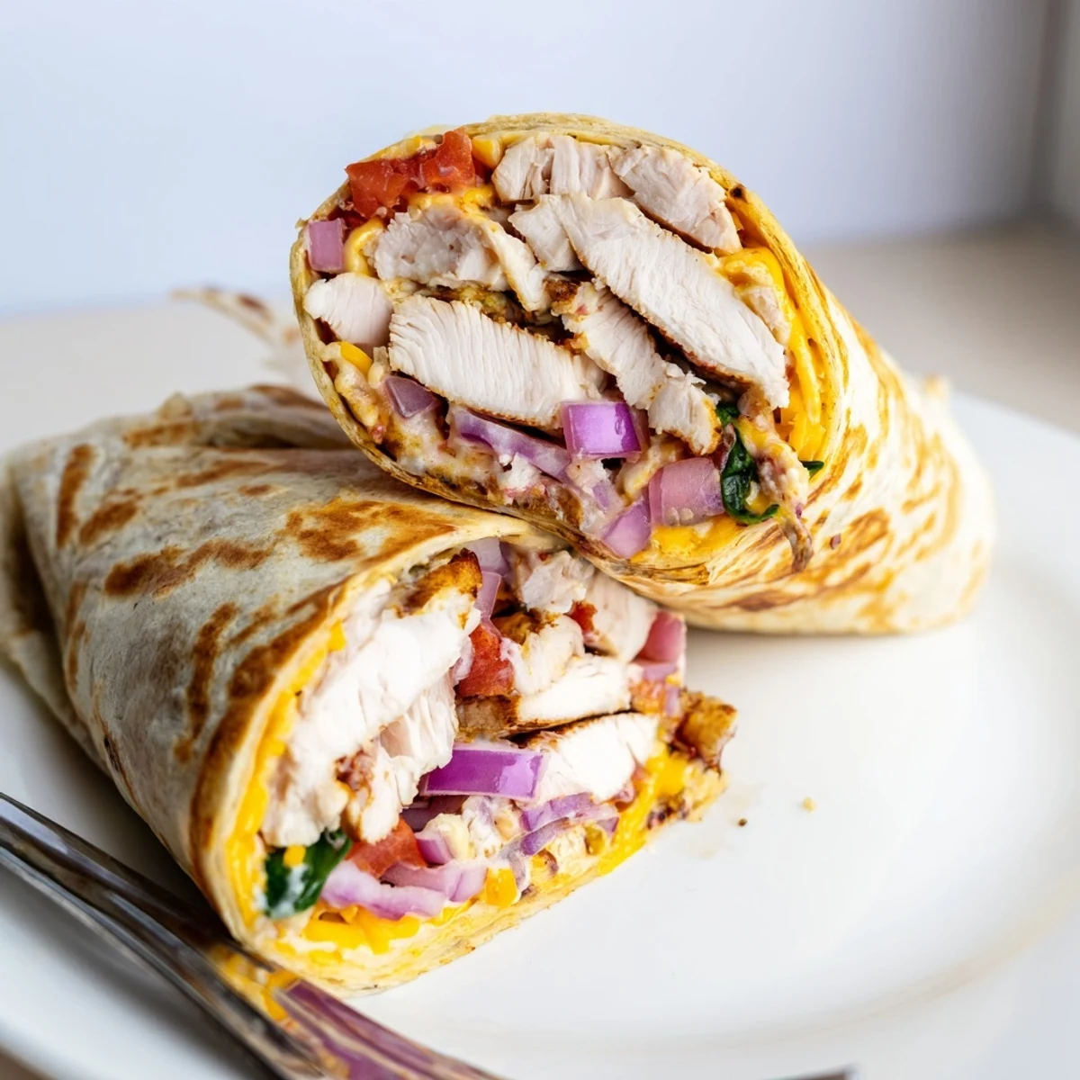 Serve Cozy Cheesy Garlic Chicken Wraps hot with sour cream and crisp spinach.