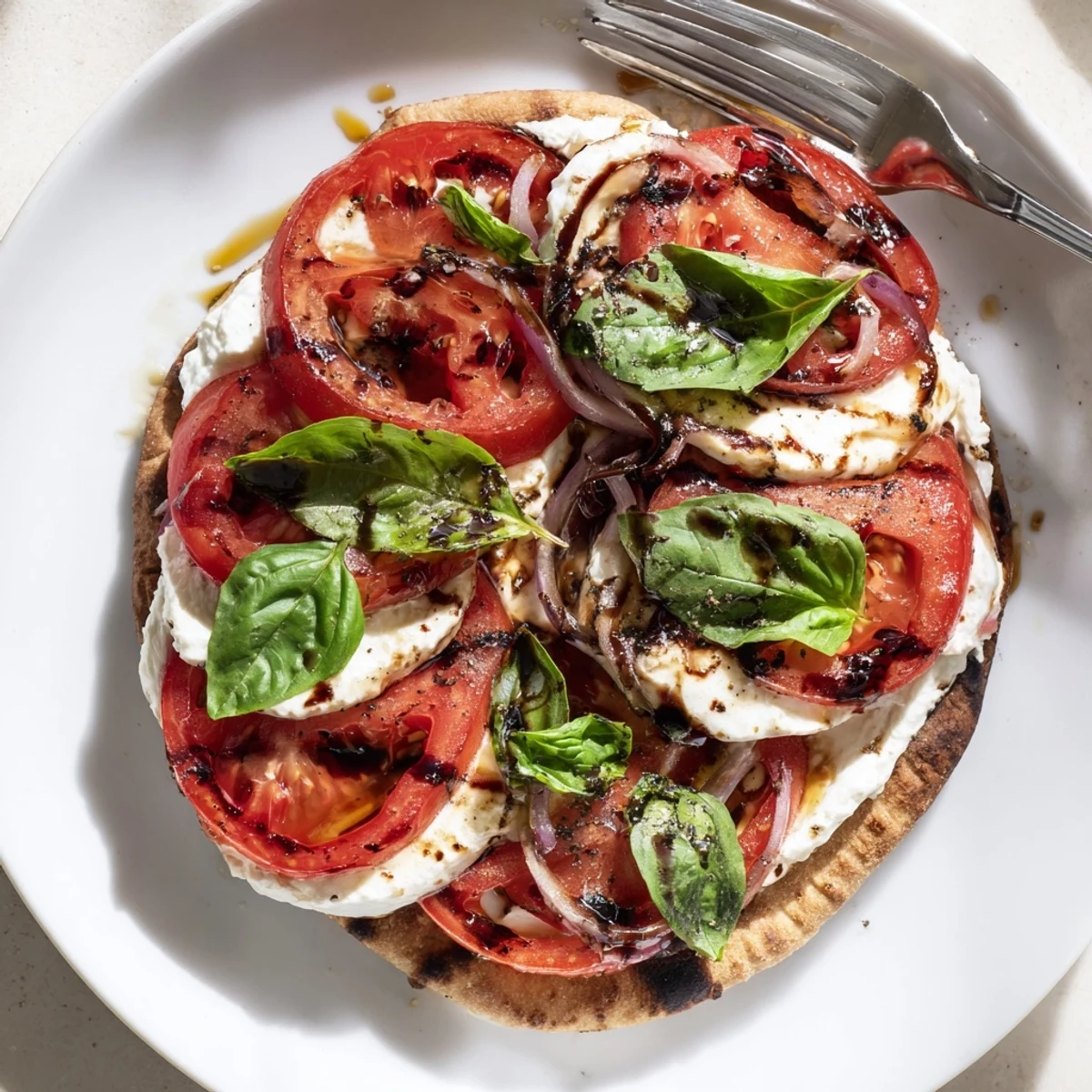 Warm Caprese Pita Pizza With Whipped Garlic Feta, bubbling mozzarella and basil