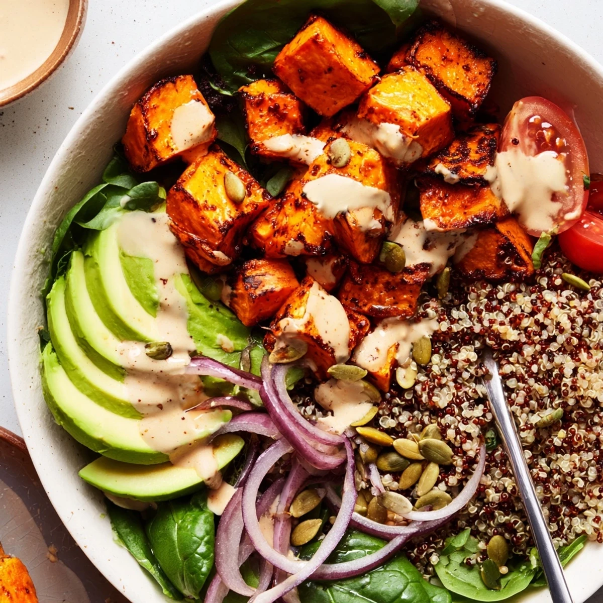 Herb-topped Roasted Sweet Potato Quinoa Salad Bowl on greens, crunchy seeds, feta