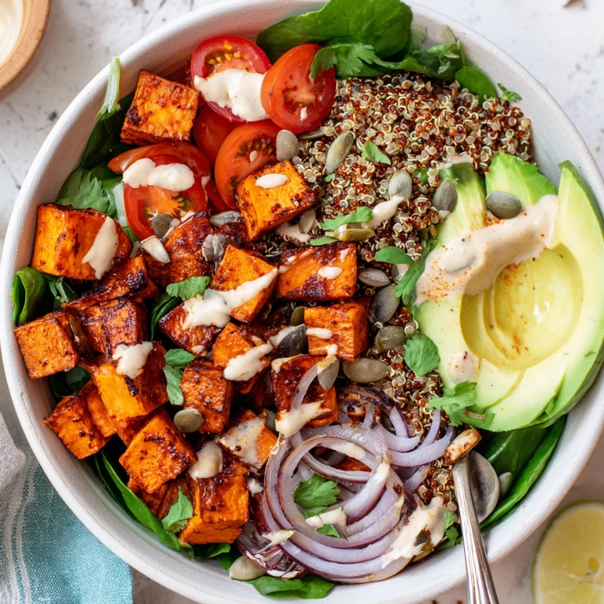 Bright Roasted Sweet Potato Quinoa Salad Bowl served warm with creamy avocado slices