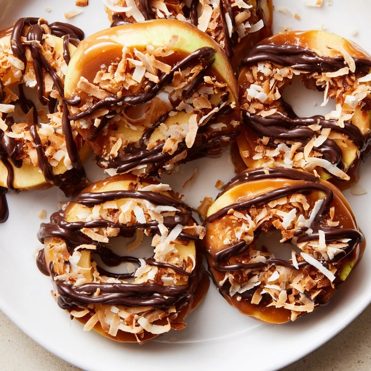 Samoa Apple Slices topped with toasted coconut, gooey caramel, and chocolate drizzle.