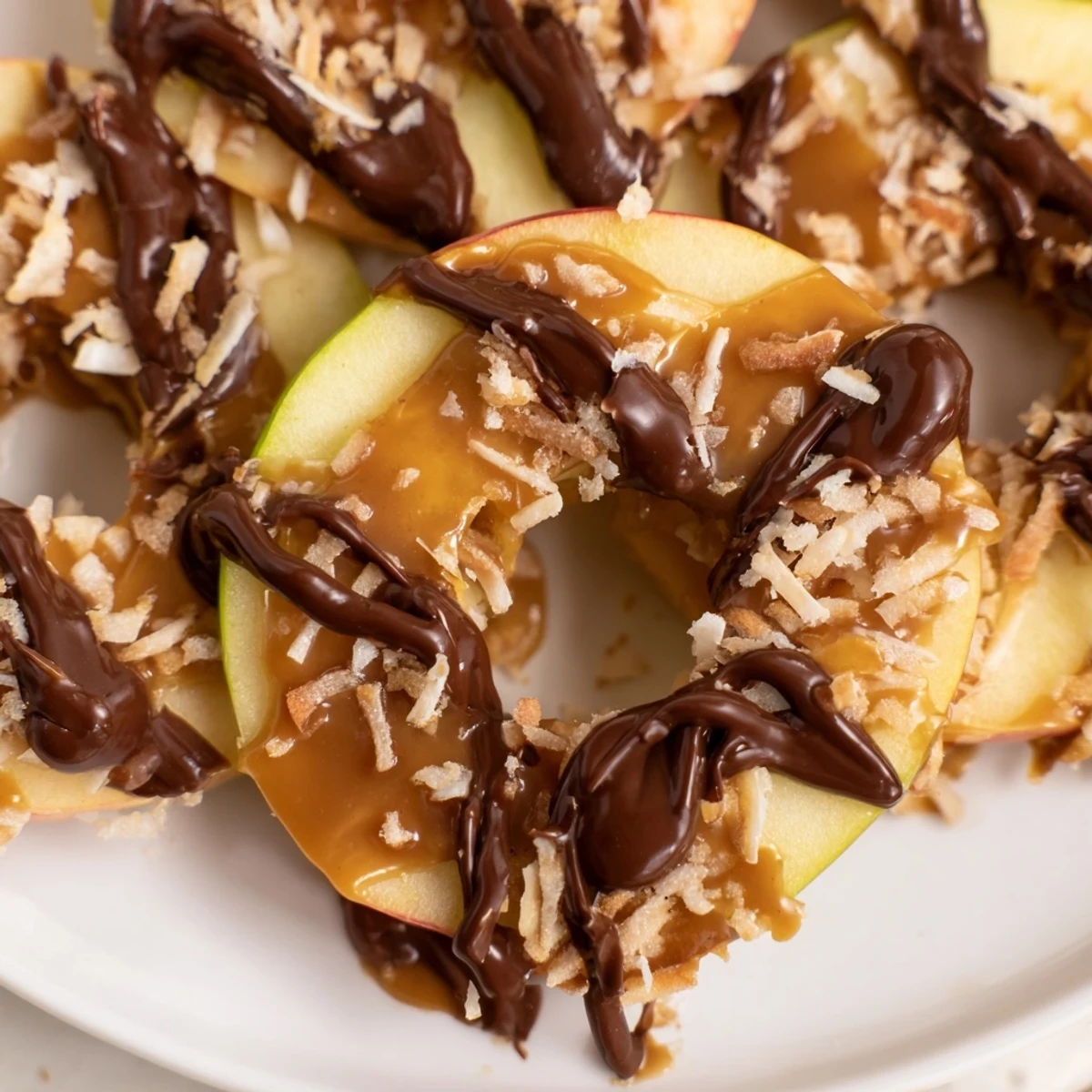 Samoa Apple Slices with warm chocolate drizzle, crunchy apples, fragrant toasted coconut.