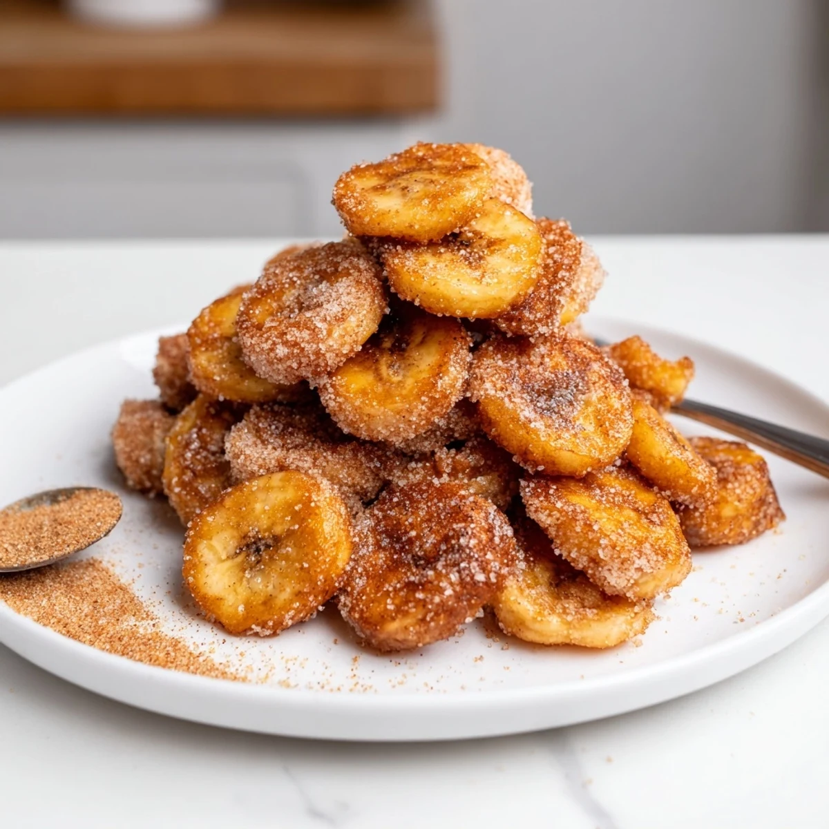 A bowl of Crispy Cinnamon Sugar Air Fryer Banana Chips, golden and crunchy
