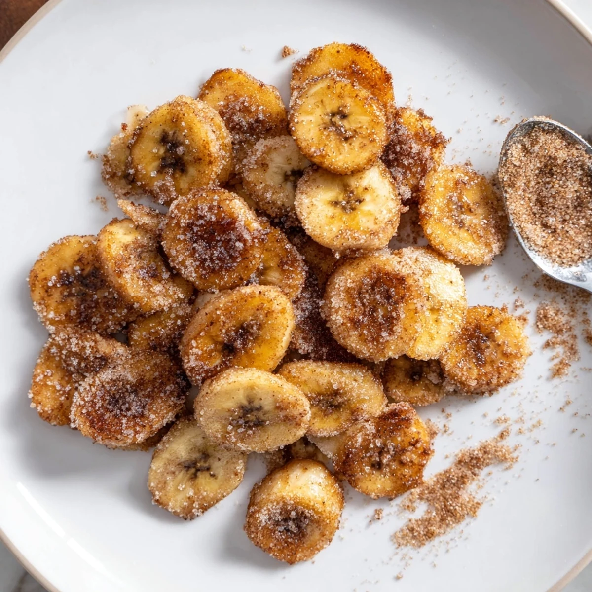 Crispy Cinnamon Sugar Air Fryer Banana Chips next to yogurt for dipping