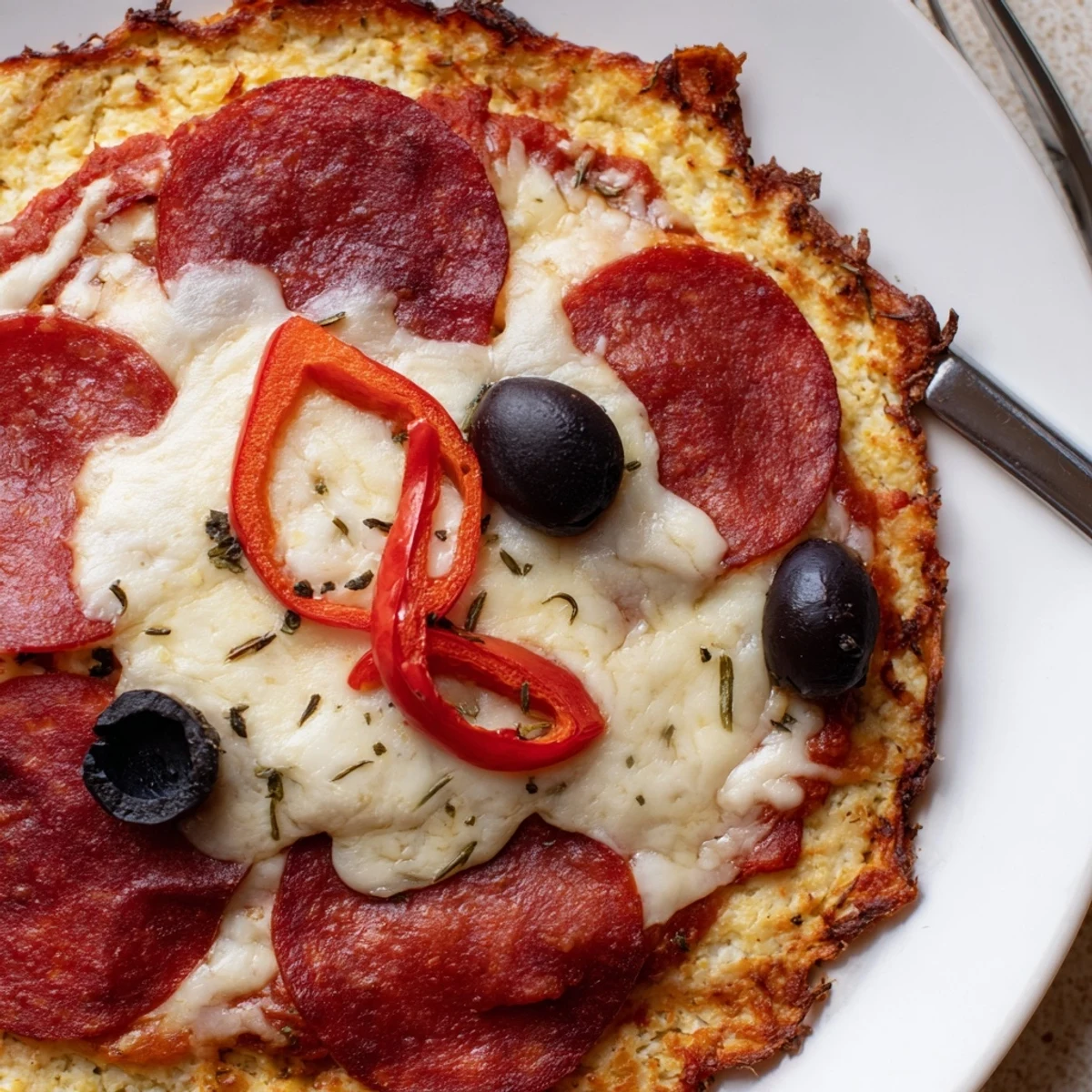 Keto Pizza With Crispy Low Carb Crust, golden edges and bubbling cheese, sliced  