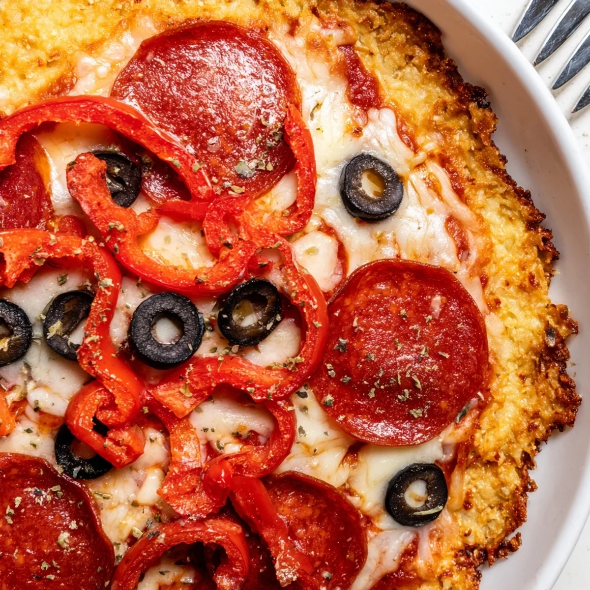 Freshly baked Keto Pizza With Crispy Low Carb Crust on parchment, steaming  