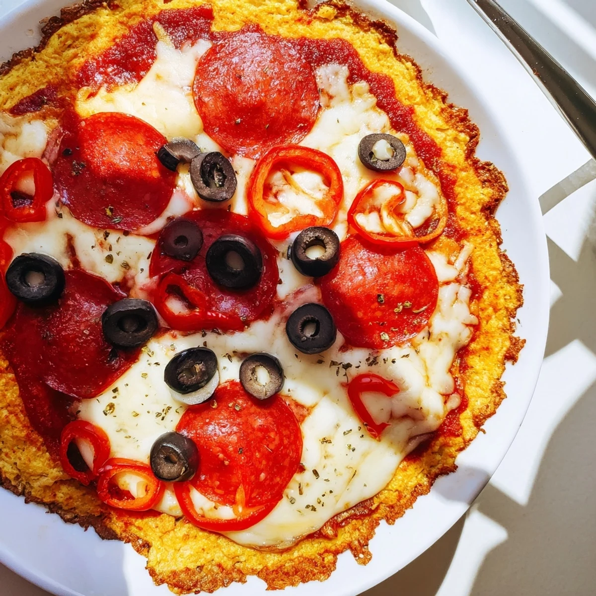 Keto Pizza With Crispy Low Carb Crust topped with pepperoni, served with salad