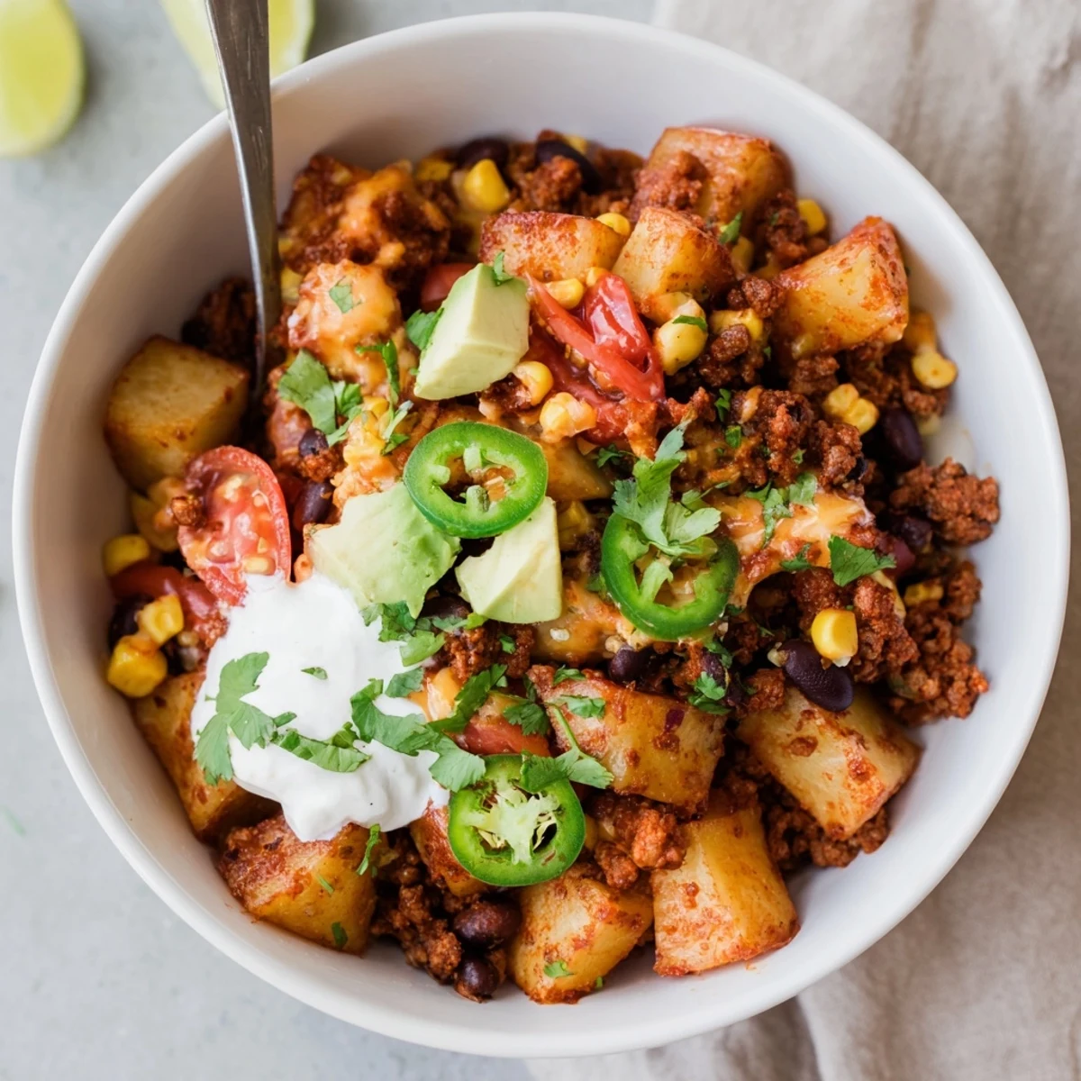 Loaded Potato Taco Bowl with golden roasted potatoes, melty cheddar, bright cilantro