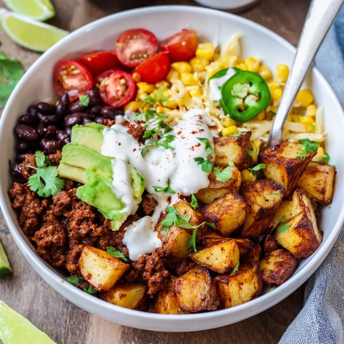 Crispy potatoes in a Loaded Potato Taco Bowl drizzled with tangy sour cream