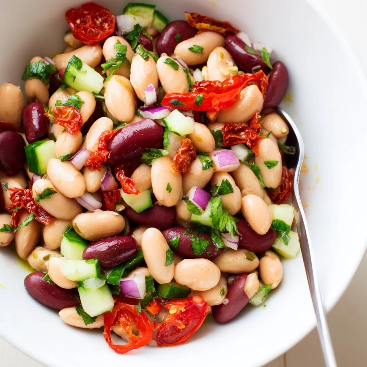 Bright Dense Bean Salad With Sun Dried Tomatoes served with crusty bread, savory