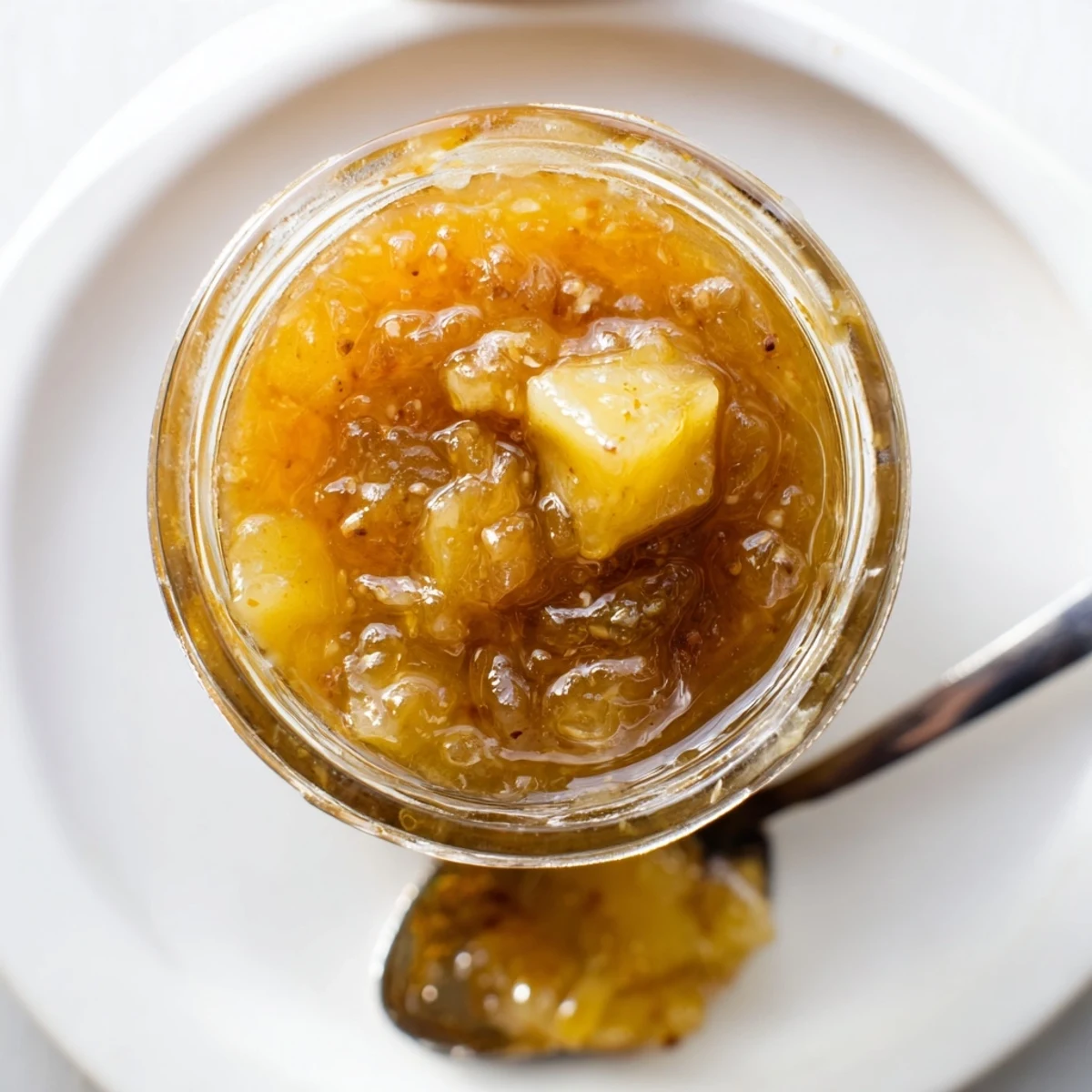 Glistening Fall Caramel Apple Jam in mason jars, warm cinnamon and silky texture