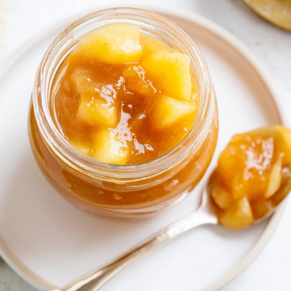 Cooling jars of homemade Fall Caramel Apple Jam, buttery aroma makes great gifts