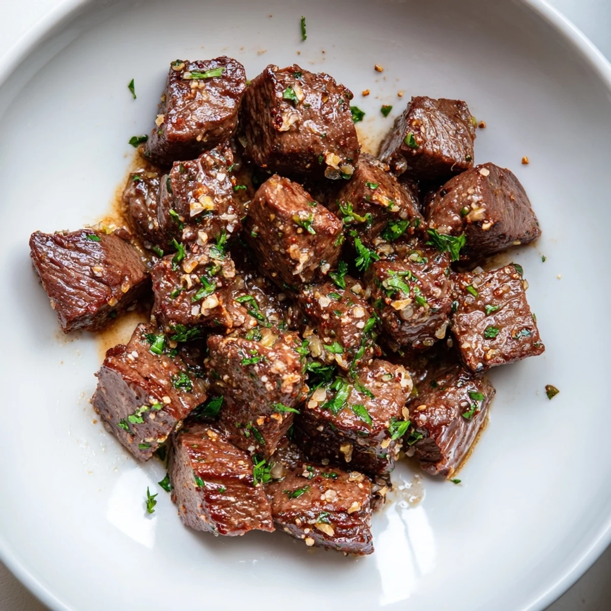 Pan seared Garlic Butter Steak Bites with browned crust, buttery garlic glaze