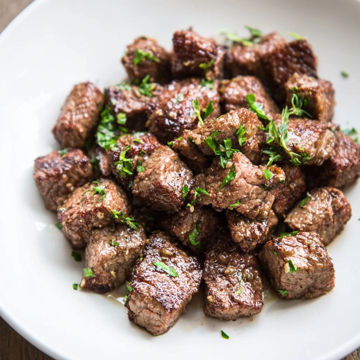 Garlic Butter Steak Bites sizzling in cast iron, glossy butter and fresh parsley