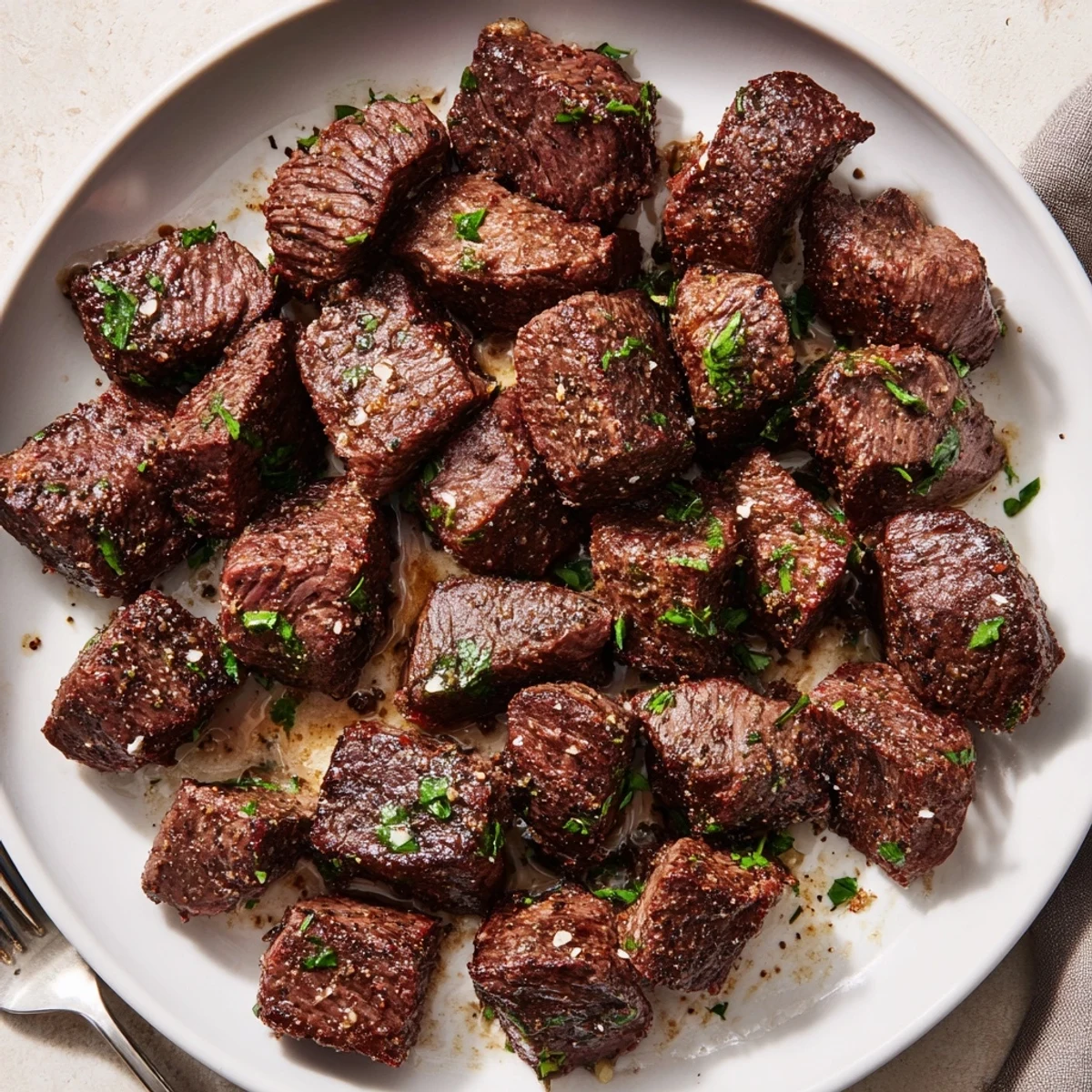 Quick weeknight Garlic Butter Steak Bites topped with flaky sea salt and parsley