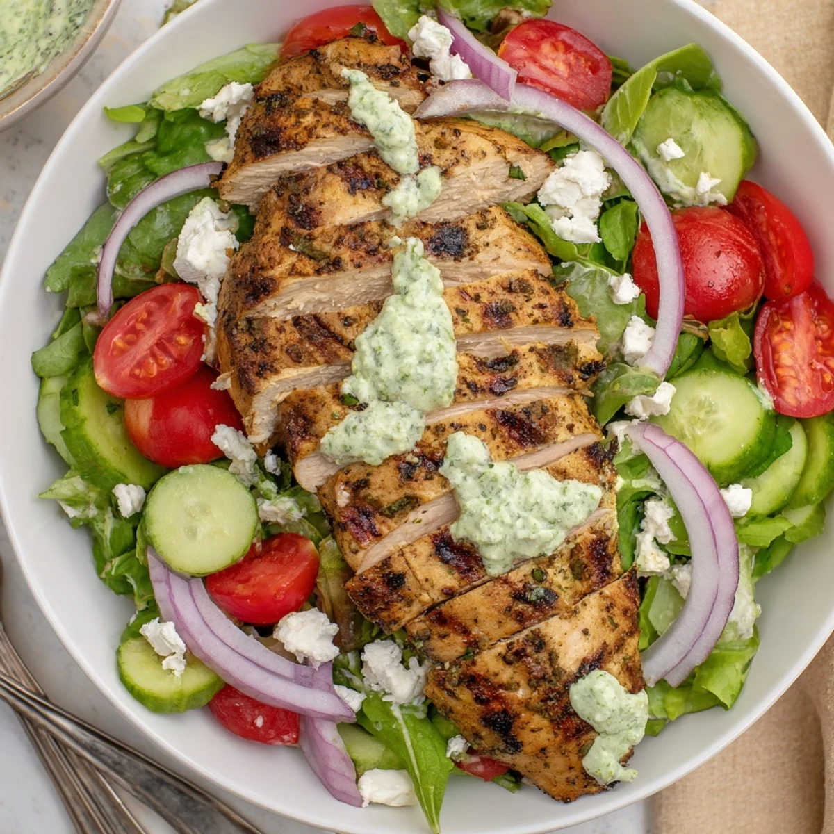 Grilled Chicken Salad Avocado Herb Dressing with sliced warm chicken, crisp greens