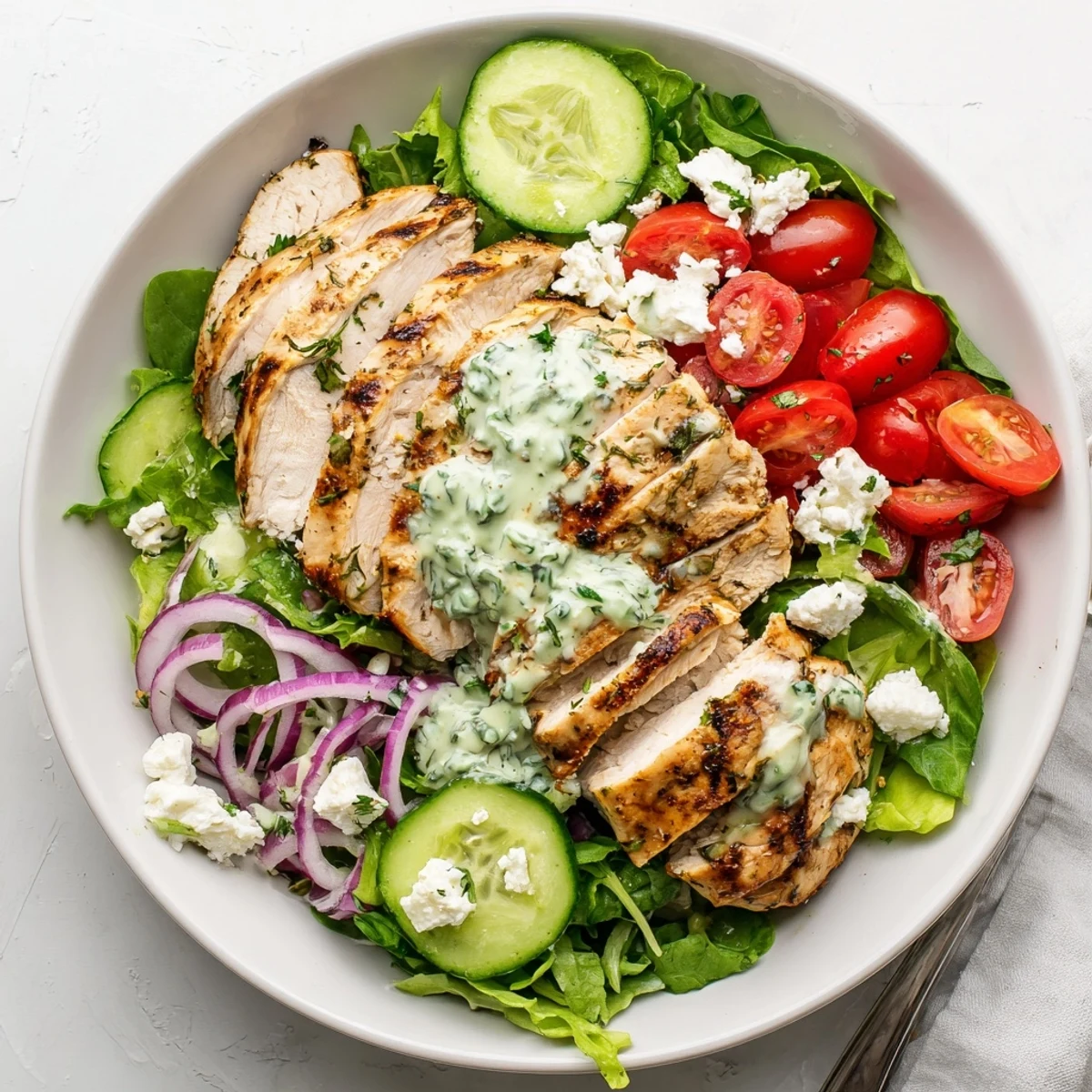 Bright Grilled Chicken Salad Avocado Herb Dressing drizzled over colorful tomatoes, cucumber
