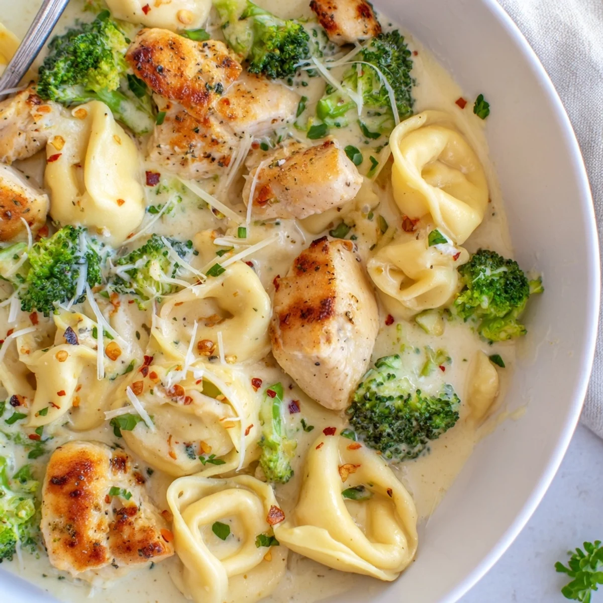 Creamy Garlic Parmesan Tortellini Chicken Broccoli Recipe tossed with crisp green florets, Parmesan finish.