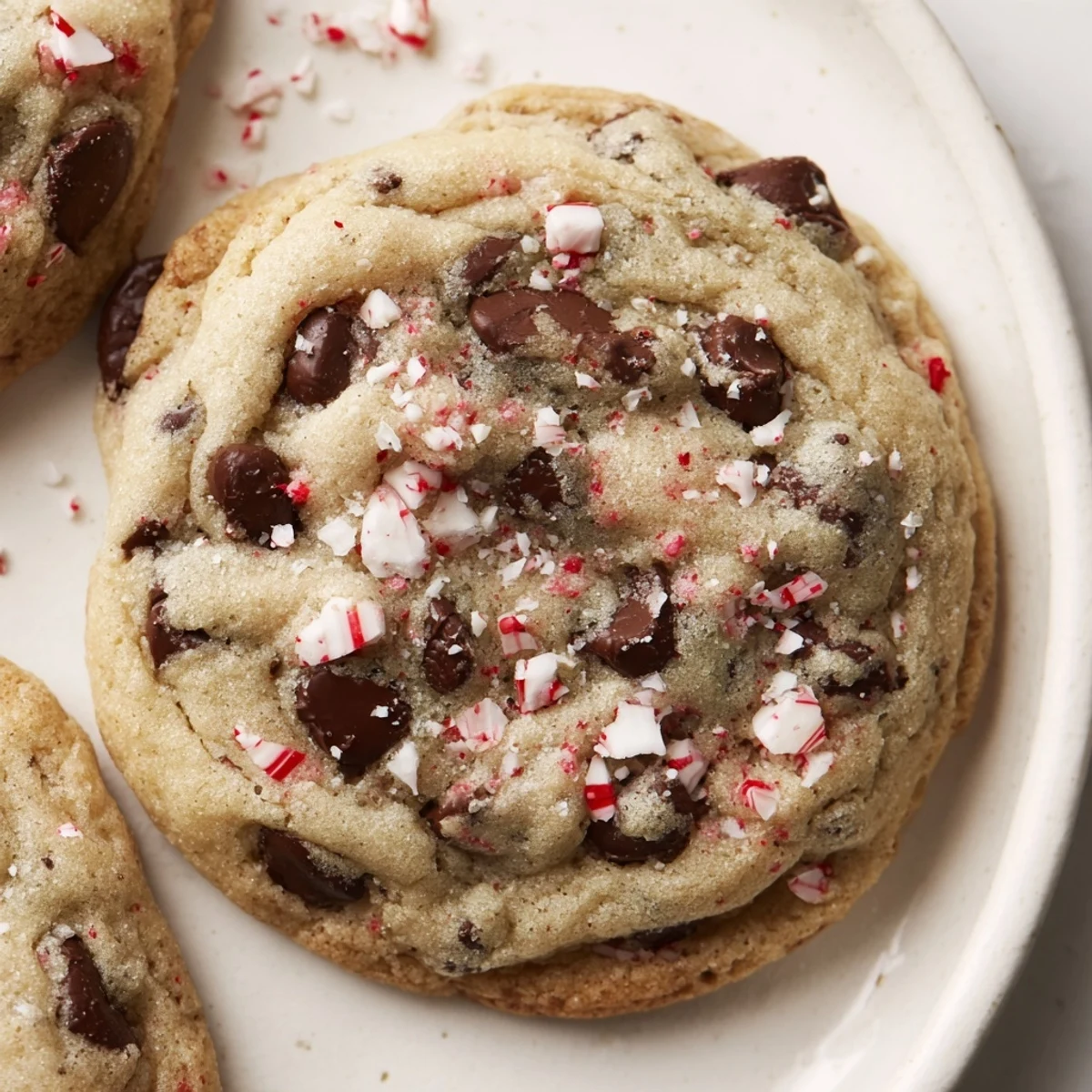 Peppermint Chocolate Chip Cookies cooling on a rack, glossy chips and crushed peppermint