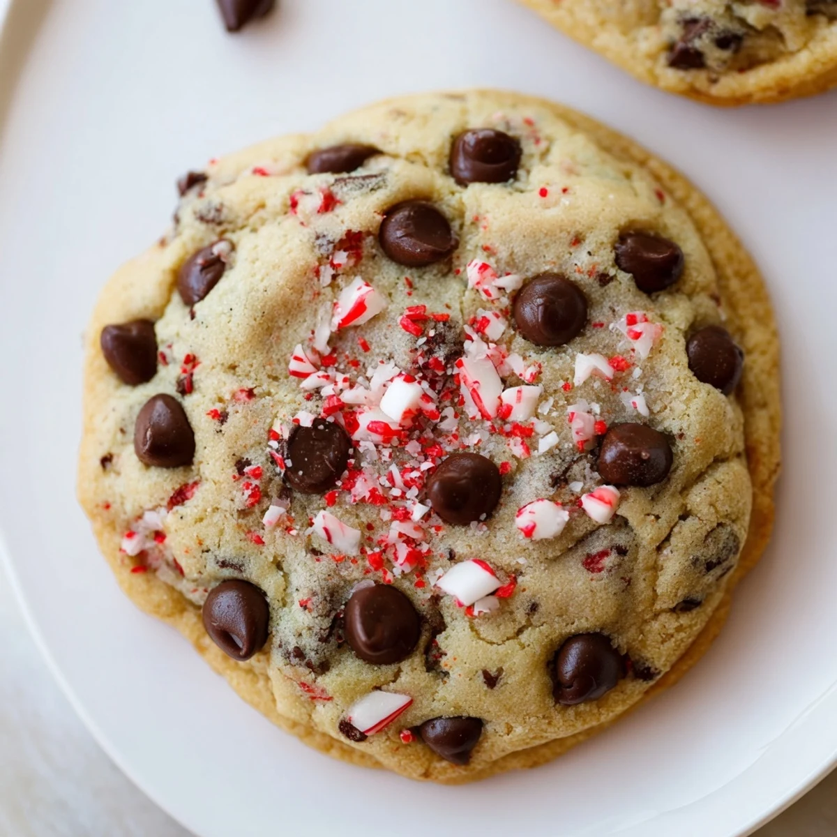 Plate of warm Peppermint Chocolate Chip Cookies, steaming, speckled with candy cane