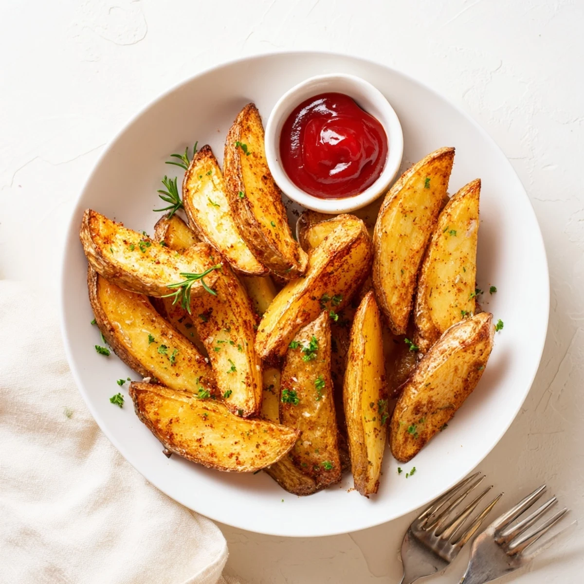 Crispy oven-baked Potato Wedges with golden edges, fluffy interior, sprinkled parsley