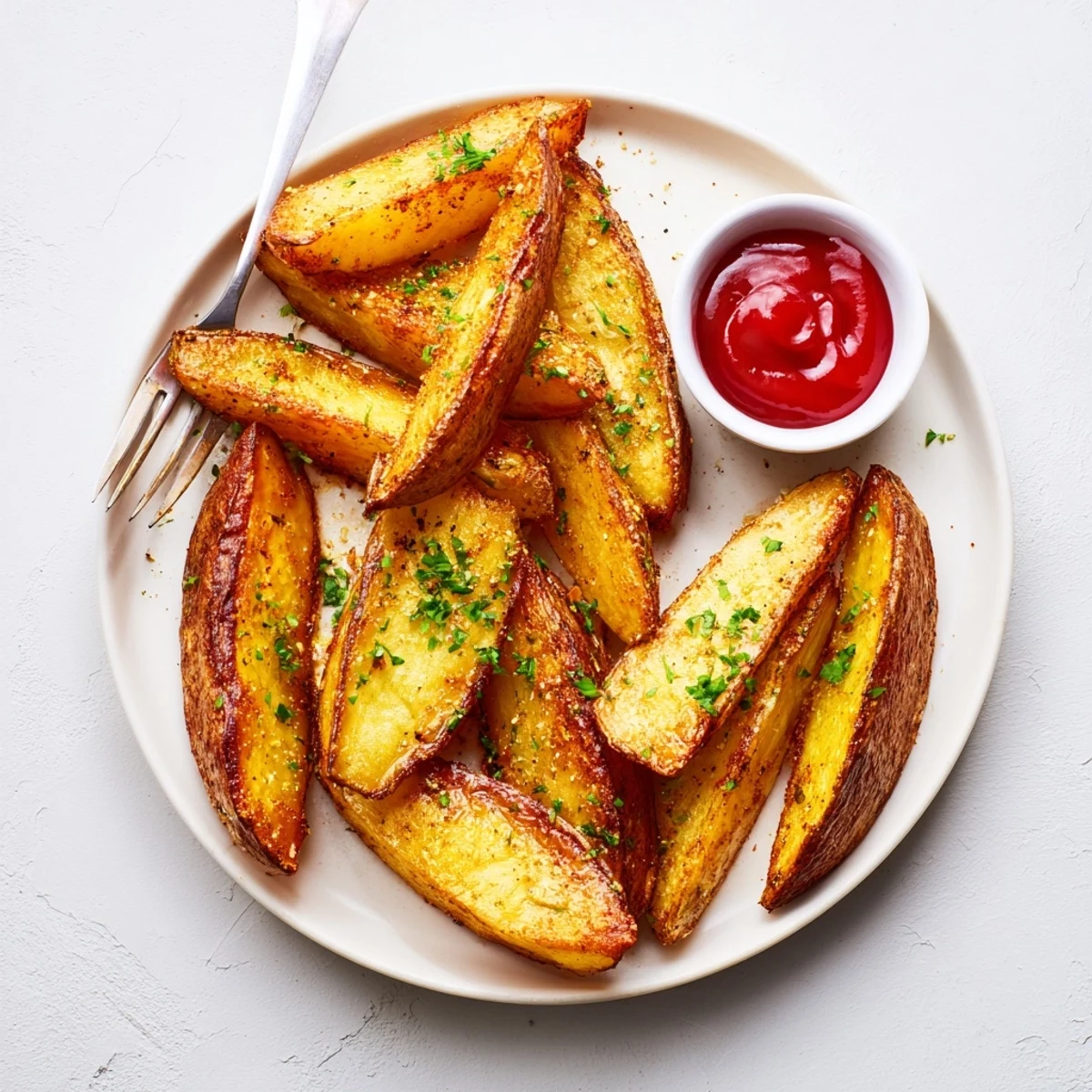 Seasoned Potato Wedges on parchment-lined baking sheet, perfect for dipping
