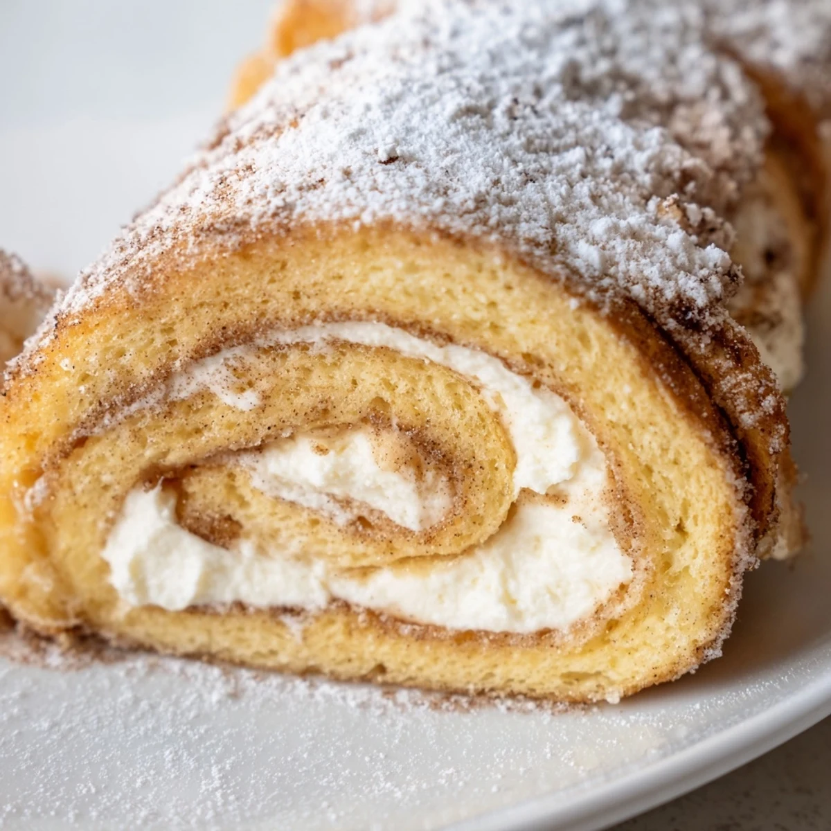 Skillet-seared Cinnamon Roll French Toast Roll Ups served with powdered sugar.