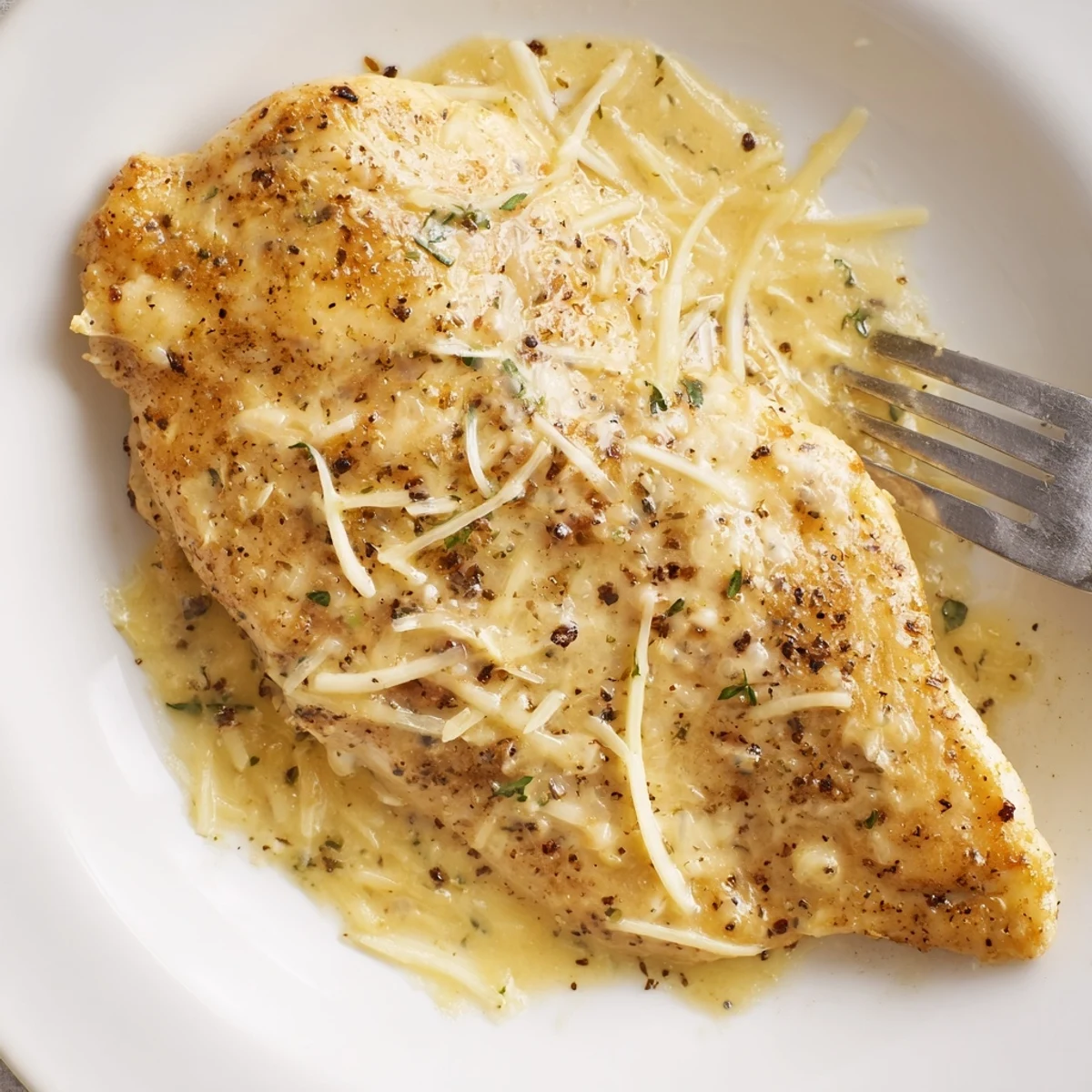 Weeknight Chicken With Cheese Sauce resting on plate, fork ready, comforting.