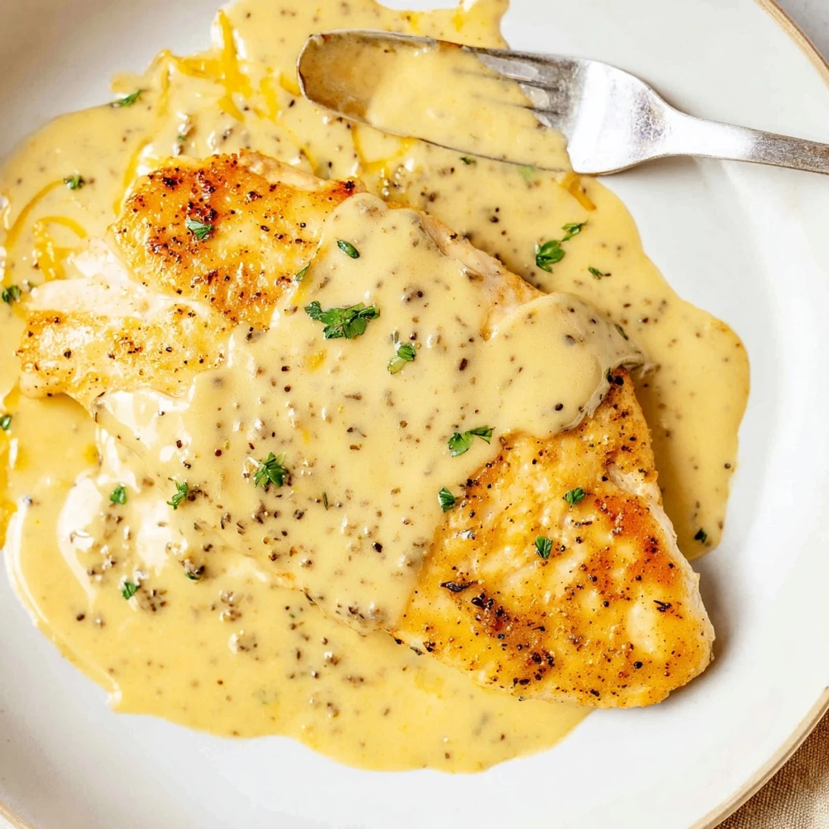 Pan baked Chicken With Cheese Sauce with creamy cheddar glaze and broccoli.