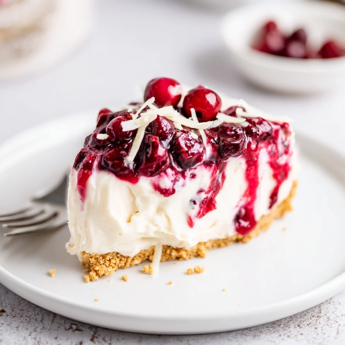 No Bake Cranberry White Chocolate Cheesecake on buttery graham crust with glossy cranberry topping